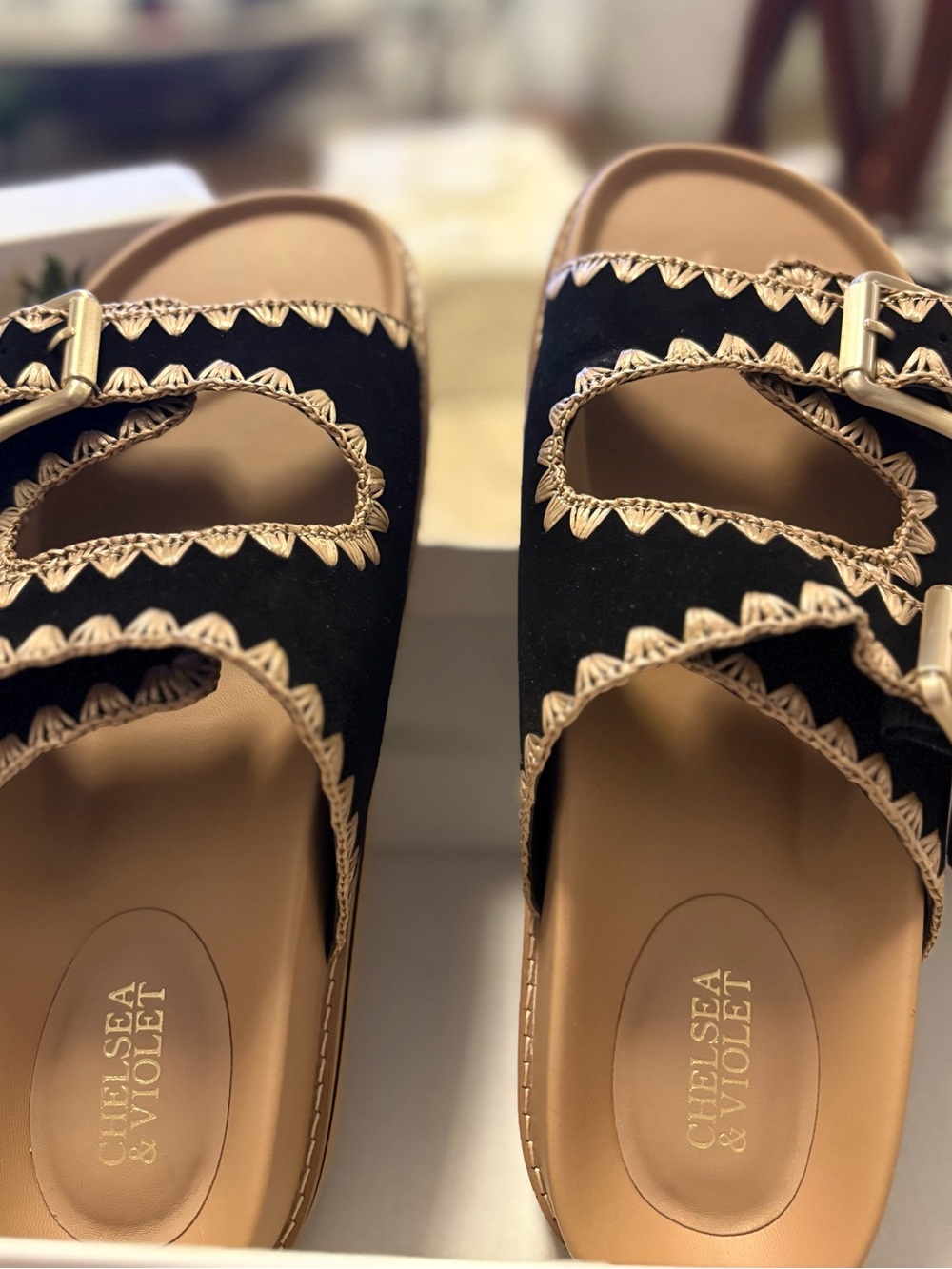 Chelsea & Violet Black Suede Buckle Sandals with Gold Trim